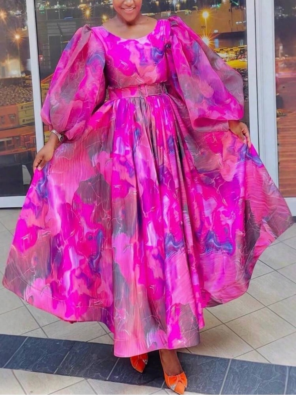 Women's Pink Marble Maxi Dress with Statement Sleeves and belt